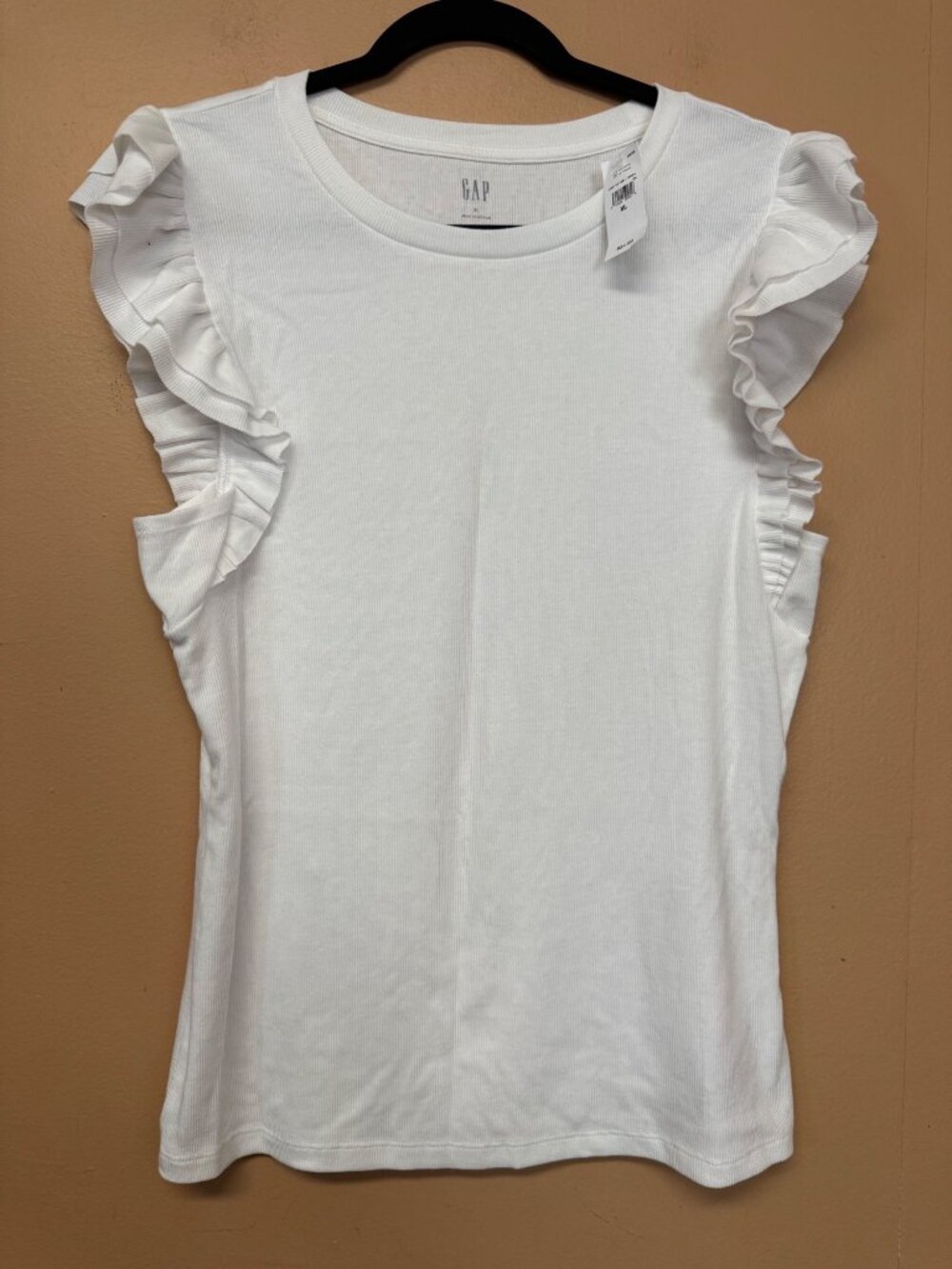 GAP Women’s XL White Ribbed Ruffle Flutter Sleeve Top NWT Cotton Cottagecore